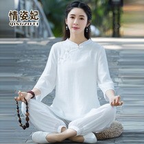 Hanfu womens Chinese style summer cotton and linen two-piece Chinese Tang suit Zen tea suit Buddha clothes meditation yoga clothes