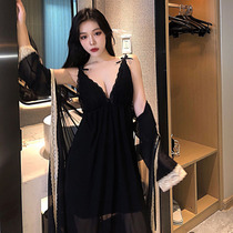 Pajamas female spring and autumn thin fat mm with chest pad lace sexy temptation large size Ice Silk suspender nightgown two-piece set