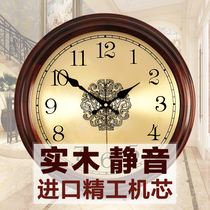 Solid wood watch European fashion clock Wall clock Living room silent quartz clock Household Seiko wall hanging bedroom round hanging watch