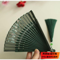 Moon fan retro style 5 inch female fan summer carry small fan Hanfu fan bamboo handle folding fan daily fan green cherry blossom