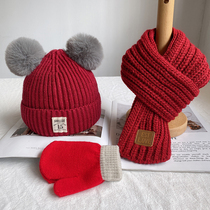 Baby hat scarf set in autumn and winter children's warm padded wool ball boys and girls pullover knitted wool cap