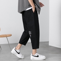 Pure cotton casual sports pants mens summer Korean version of the trend loose ice silk thin section fried street straight nine points mens clothing