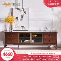 Xihe American full solid wood TV cabinet glass living room small apartment modern simple floor cabinet cherry wood living room furniture