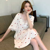 Sleeping dress Women Summer Modale Short sleeves Sleeping Beauty Sexy Lace Peach Hearts Sweet and cute online Red home Clothing Thin