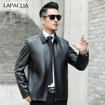 Leather leather mens autumn leather jacket head layer cowhide short lapel middle-aged thin Haining mens leather jacket
