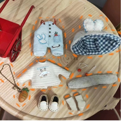 taobao agent [Spot Free Shipping] OB11/GSC/YMY dolls, denim strap pants set with hats and baby bags