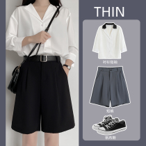 Suit shorts womens summer thin loose wide-leg large-size high-waist a-line thin Hong Kong casual pants five-point pants