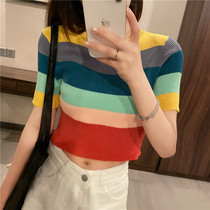 Rainbow striped ice silk T-shirt womens summer 2021 new round neck fashion pullover Korean version exposed navel knitted top