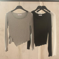 Korean gray long sleeve T-shirt female spring and autumn design sense niche slim thin wooden ear split short shirt