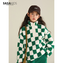 SASAKIDS custom checkerboard diamond-shaped grid coat girl winter lamb pellet velvet stand collar sleeve sweater