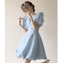 Style Blue Bubble Cuff Dress 2022 Summer Ladies Palace Palace Wind Tea Hysteria Princess Wind puffy skirt