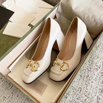 Genuine leather G horsebit buckle high-heeled shoes 2022 spring new set of feet square toe medium heel thick heel temperament single shoes sandals women