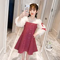 Childrens wear girls mesh dress 2021 summer dress new middle and big children princess style mosaic lace spring and autumn dress