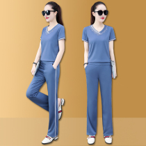 Designer Sport Suit Womens Summer V Collar Fashion Ice Silk Short Sleeve Thin womens morning Run Less-age Leisure Two sets