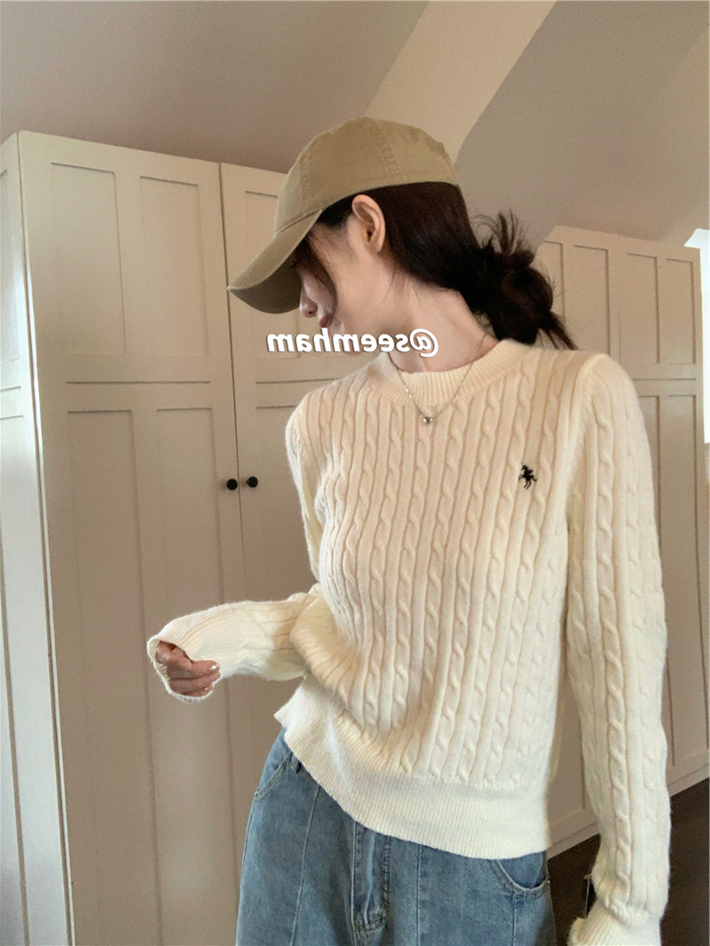 Autumn and Winter 2023 New Korean Fried Dough Twists Round Neck Lazy Sweater Premium Embroidery Long Sleeve Knitwear Top Women