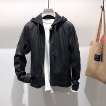 2021 spring and autumn new mens Korean version of the trend hooded solid color casual leather jacket slim simple fashion jacket