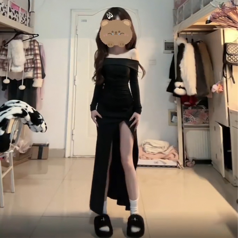黒湯たんぽセクシーな純粋な欲望スリムワンショルダーオフショルダースリットドレス女性のための 2024 新しいヒップカバーロングスカート