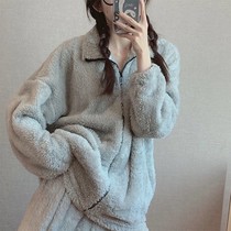 Korean coral velvet couple pajamas women autumn and winter thickened plus velvet warm flannel plush home clothes can wear men outside
