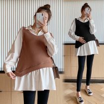 Pregnant women's clothing spring clothing fake two-piece color matching long sleeve lapel jacket loose size T-shirt spring and autumn Korean pregnant women's clothing