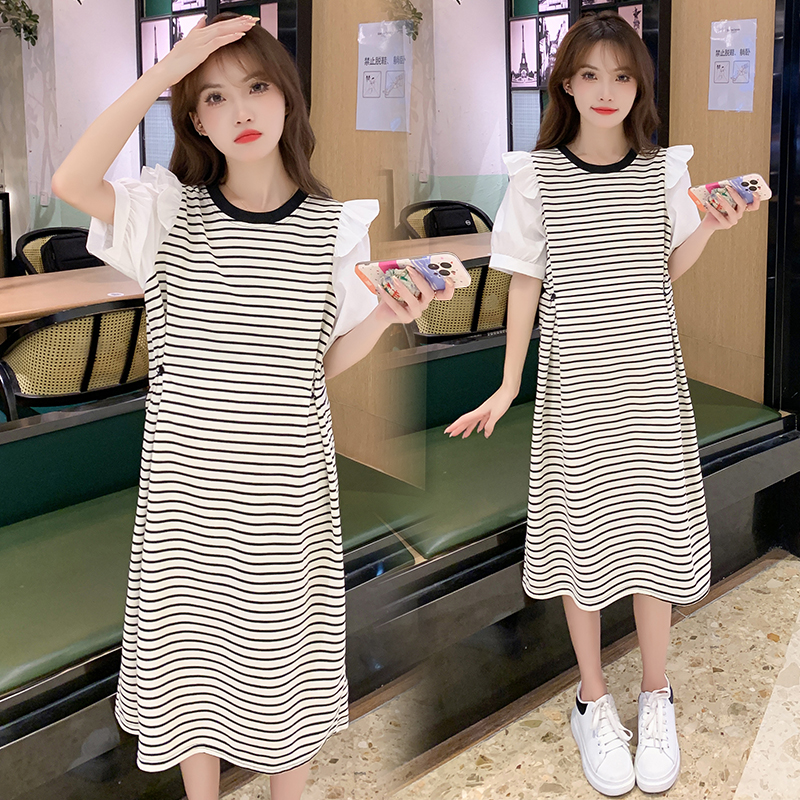 Pregnant Women's Summer Fashion Fake Two Piece Short Sleeve Striped Dress 2023 New Pregnant Women's Dress Summer Korean Version Skirt