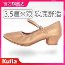 Womens modern female adult square soft-soled leather high-heeled social Latin dance shoes for children girls girls professional