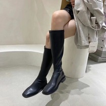 French niche 2021 autumn and winter black plus velvet warm high boots Women square head thick soled soft leather boots thin boots