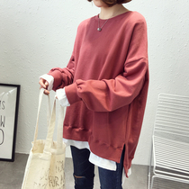 Spring and autumn new fat MM plus size womens cotton top 200 pounds loose thin medium-long sweater base shirt