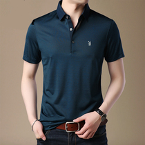 Playboy mulberry silk short-sleeved t-shirt mens summer thin ice silk striped casual dad outfit big name polo shirt