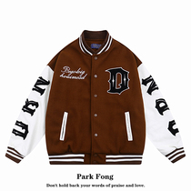 Park Fong American retro leather sleeve stitching baseball uniform men vibe wind high street embroidery tweed couple jacket