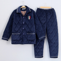 Mens flannel three-layer cotton pajamas thickened plus plush winter coral fleece fattening plus homewear set