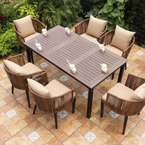Outdoor table and chair courtyard garden villa PE woven Vine Chair open air plastic wood table combination outdoor terrace leisure table and chair