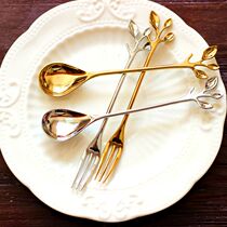 Two Nordic superb Golden Leaf spoons silver coffee spoon dessert fruit cake fork