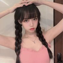 Wig female long hair net red air bangs twist pigtails natural cute playful bright double ponytail full head cover style