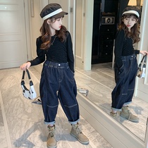  Girls  jeans autumn 2021 new childrens pants big childrens western style loose Harun trousers spring and autumn outdoor wear