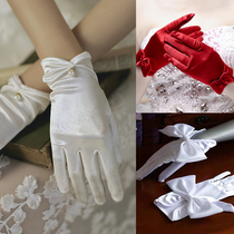 Bride gloves red and white wedding show gloves wedding white gauze wedding accessories satin short elegant retro