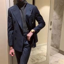  British style formal wedding slim striped double-breasted blazer mens Korean version of the trend wool suit suit