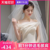 Shoulder satin light wedding dress 2021 new bride winter main yarn Mori simple super fairy Qi French wedding