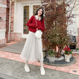 The Small town of Shanshan Rose exposed fake two-piece knit Sweater Women 2018 New-in the Middle of a long section of the wave point net yarn Skirt Autumn Winter # bhiner lolita fashion