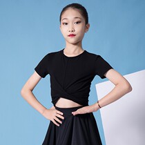 Children dance blouses in single piece Short section Less children Girls Black Conspicuer Slim Dew Navel Latin Dance Dance Exercises