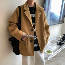 Loose off-shoulder woolen coat mens short autumn clothing new solid color Korean version trend high-quality thickened coat mens clothing