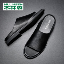 Wood Linson Tidal Card Genuine Leather Slippers Full Cow Leather Male Tide Summer Non-slip Outside Wearing 2022 New Stomps Sandals Sandals