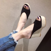 Classic 2019 summer hemp rope wedge womens sandals new wild suede high heels 10cm outside the female cool drag