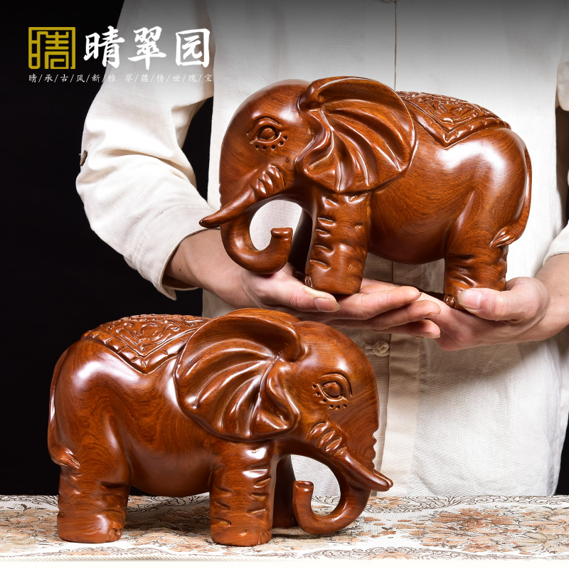 Wood carving elephant ornaments to attract money geomancy like a pair of carving crafts mahogany ornaments living room home decorations