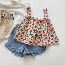 Girls summer suit new Korean version of the net red Foreign style female baby shorts childrens suspenders pure cotton two-piece set
