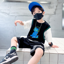 Next music boy summer clothing suit 2022 children dress foreign air children short sleeve T-shirt sports fried street fake two pieces