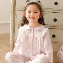 Cartoon childrens pajamas girl Summer thin cotton gauze long sleeve lace doll collar girl home suit suit