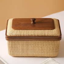 Rattan weaving storage basket basket basket cosmetic box desktop storage box Japanese basket Net red solid wood with lid