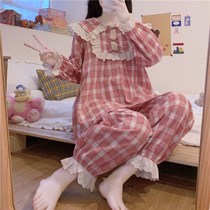 Autumn 2020 new design feel lapel bow bow plaid loose can wear aged long sleeve pajamas women suit