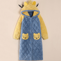 Ladies autumn and winter three-layer cotton nightgown thick warm flannel long pajamas winter homewear