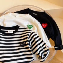  Sweet mother childrens T-shirt 2021 summer new mens and womens childrens embroidery love short-sleeved T-baby striped simple bottoming shirt tide